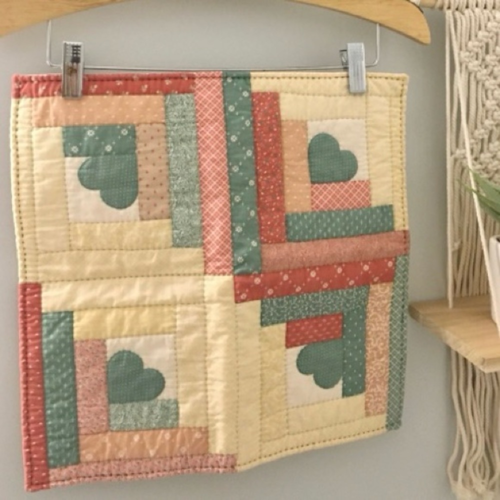 Vintage QUILTED Table Mat Plant Mat Cottagecore Teal Mauve Heart Wall Hanging